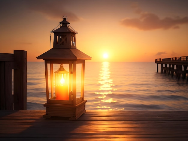 Um belo fundo conceitual com uma lanterna vintage em um cais de madeira ao pôr do sol