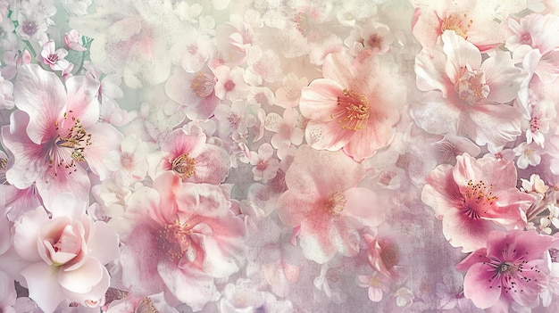 Um belo fundo floral com uma suave sensação de sonho As delicadas flores cor-de-rosa e brancas são colocadas contra um fundo texturizado em tons suaves