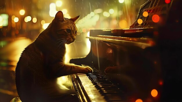 Foto um belo gato está sentado nas teclas de um piano na chuva o gato é iluminado por uma luz quente e a chuva está caindo em lençóis ao seu redor