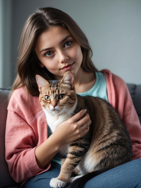 Foto um belo gato está sentado no colo de uma menina.