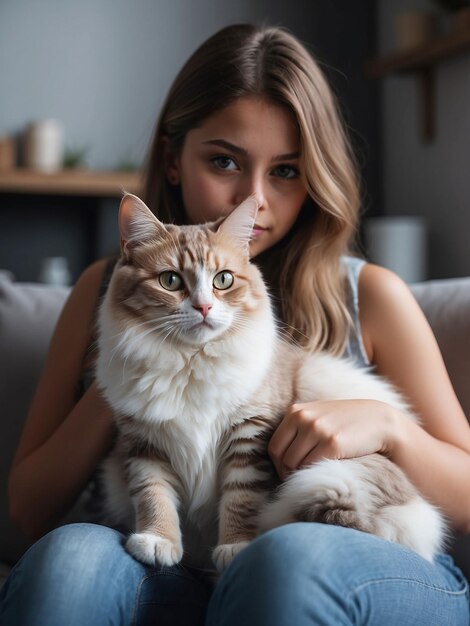 Foto um belo gato está sentado no colo de uma menina.