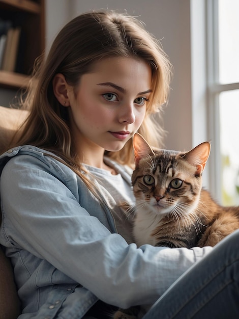 Foto um belo gato está sentado no colo de uma menina.