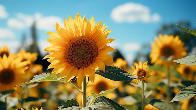 Um belo girassol com folhas verdes com efeito de luz solar atrás da flor com céu azul