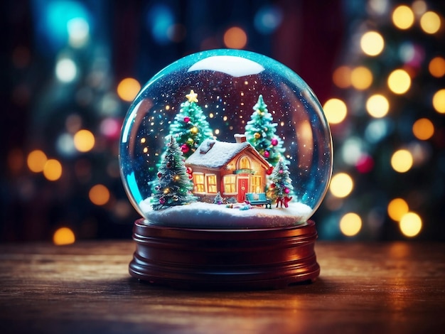 Foto um belo globo de neve brilhante com uma casa de neve de inverno e árvores de natal decoradas