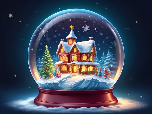 Foto um belo globo de neve brilhante com uma casa de neve de inverno e árvores de natal decoradas