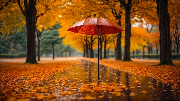 Um belo guarda-chuva sobre um fundo de folhas de outono