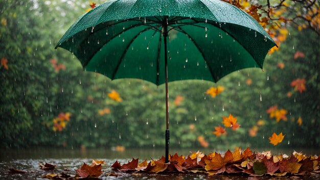 Um belo guarda-chuva sobre um fundo de folhas de outono