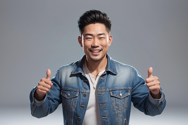 Foto um belo homem adulto asiático vestindo uma jaqueta de jeans sorrindo