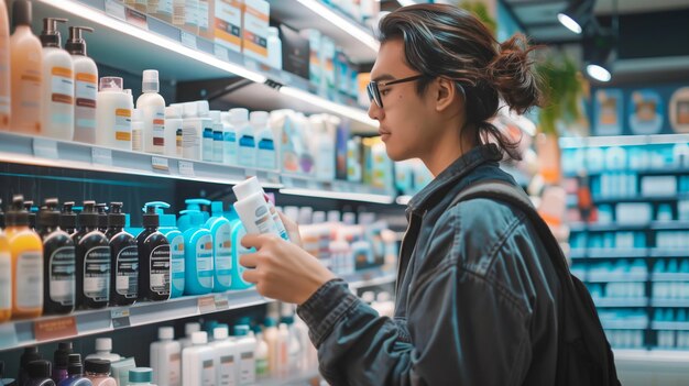 Um belo homem asiático a escolher shampoo numa loja de cosméticos. Ele está à procura de produtos para o cuidado do cabelo.