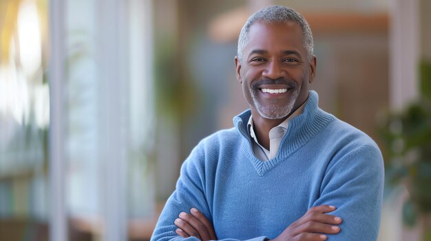 Foto um belo homem de meia-idade com cabelos grisalhos e barba está sorrindo ele está vestindo um suéter azul e tem os braços cruzados