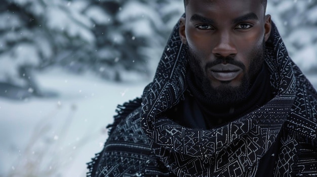 Um belo homem negro posa contra um fundo coberto de neve vestido com um colarinho elegante e feito à medida