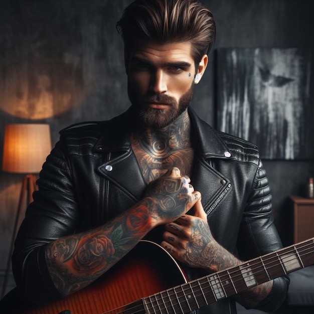 Um belo homem tatuado com uma jaqueta preta segurando uma guitarra 2