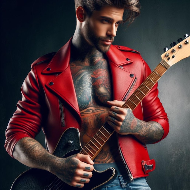 Um belo homem tatuado com uma jaqueta vermelha segurando uma guitarra