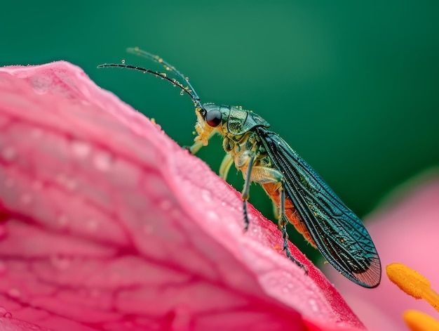 Foto um belo inseto verde no orvalho beija uma pétala de flor rosa em um ambiente natural vibrante