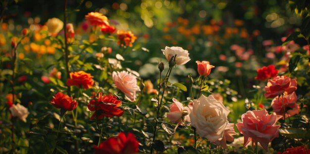 Foto um belo jardim cheio de flores vibrantes cada uma representando um tipo diferente de poção de amor