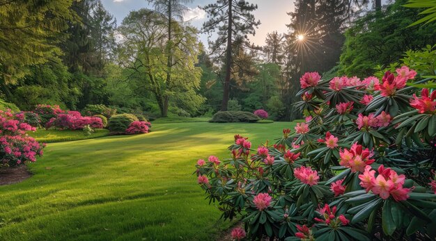 Foto um belo jardim com rododendros cor-de-rosa