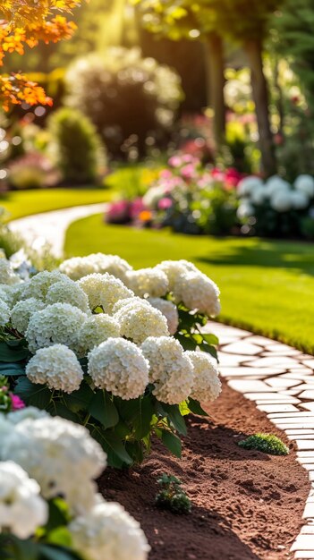 Um belo jardim com um caminho de pedra sinuosa e flores brancas