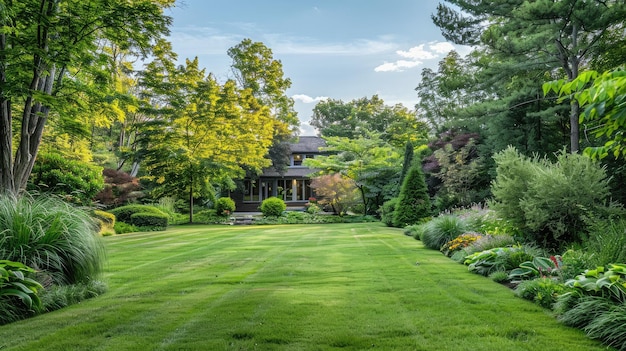 Um belo jardim com um gramado recém-cortado