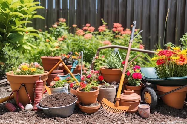 Um belo jardim com uma variedade de flores e ferramentas de jardinagem