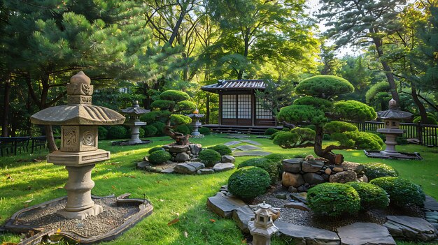 Foto um belo jardim japonês com uma casa de chá tradicional, lanternas de pedra e árvores e arbustos cuidadosamente cuidados