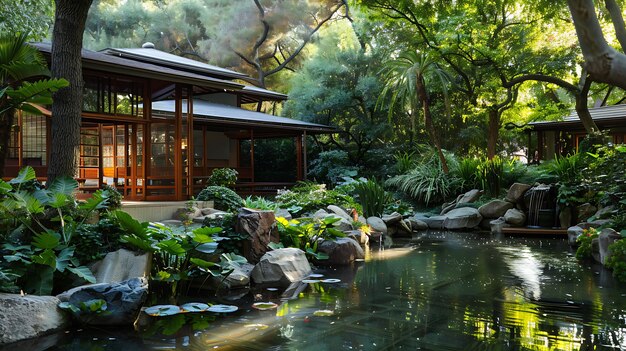 Um belo jardim japonês com uma casa tradicional, uma lagoa e uma paisagem verde exuberante.