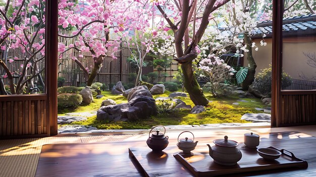 Foto um belo jardim japonês com uma cerejeira em plena floração