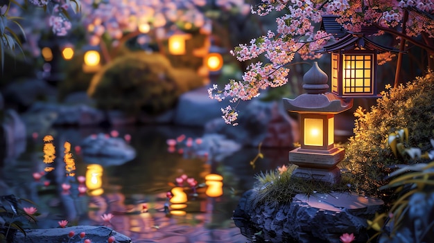 Um belo jardim japonês com uma lagoa de flores de cerejeira e uma lanterna de pedra