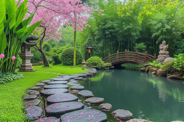 Um belo jardim japonês com uma ponte de lago e cerejeiras em flor