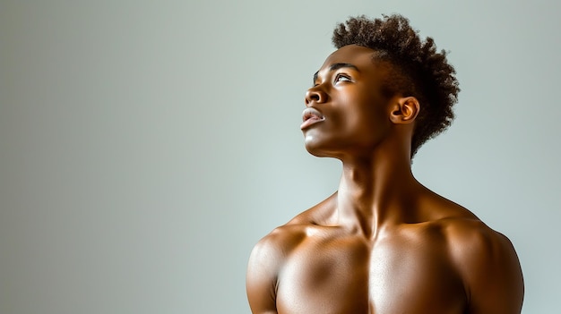 Um belo jovem afro-americano a olhar para o fundo cinzento.