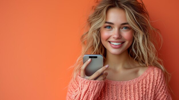 Foto um belo jovem afro usa seu telefone celular enquanto está perto de uma tela vazia em um fundo azul durante uma maquete para um aplicativo ou site