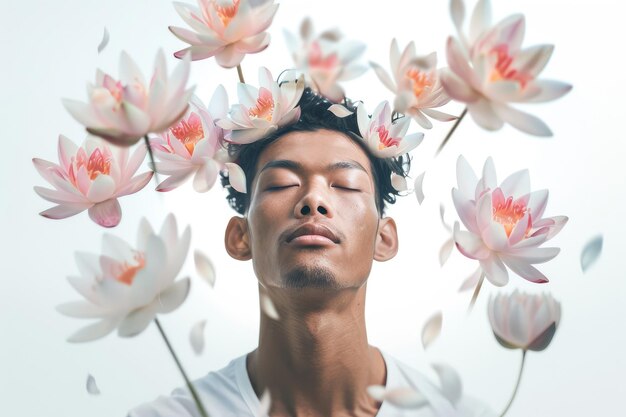 Um belo jovem com flores de lótus.