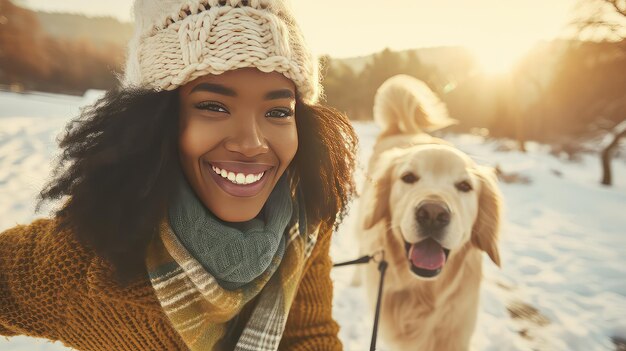 Um belo laço entre uma mulher e o seu companheiro de ouro caminhando de mão em pata