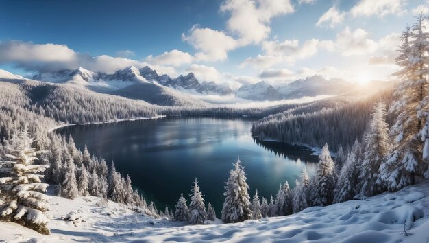 Um belo lago azul das terras altas entre montanhas de neve Generative Ai