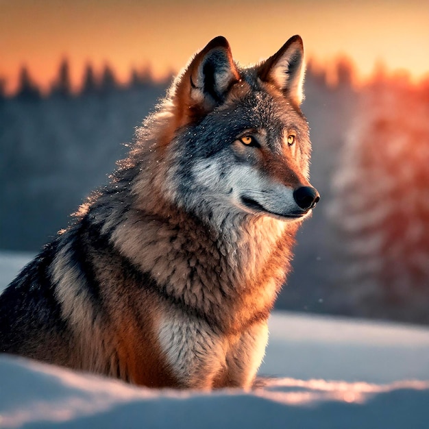 Um belo lobo sentado na neve a ver o pôr-do-sol.