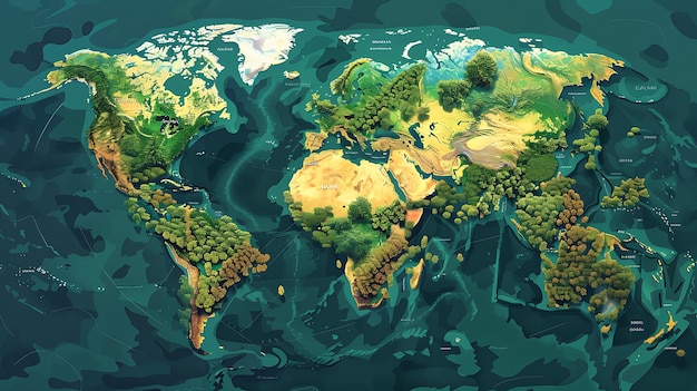 Foto um belo mapa do mundo com um estilo pictórico as massas de terra estão cobertas de florestas exuberantes e os oceanos são de um azul profundo