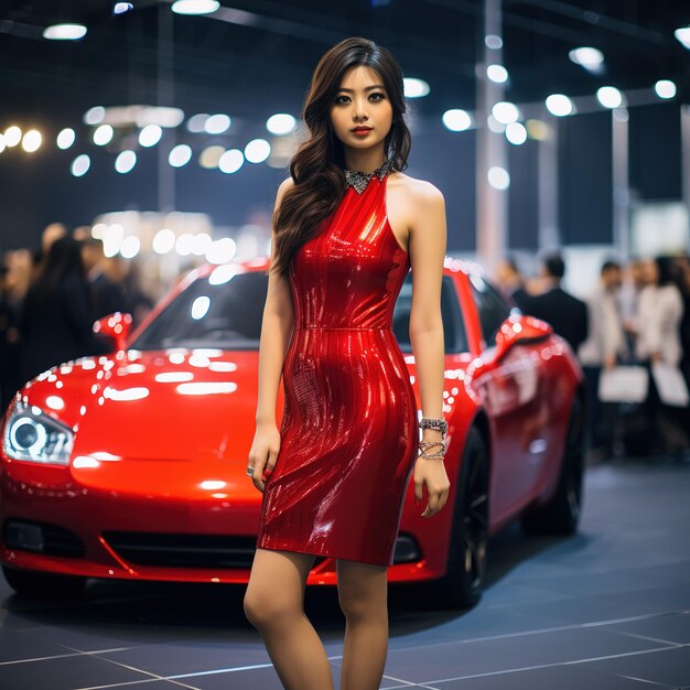 um belo modelo asiático de pé ao lado de um carro esportivo vermelho em uma exposição de automóveis