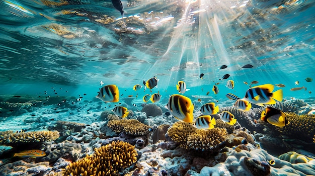 Foto um belo mundo subaquático com corais e peixes tropicais coloridos