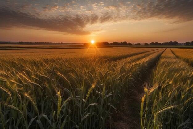 Um belo nascer do sol de verão sobre os campos de trigo