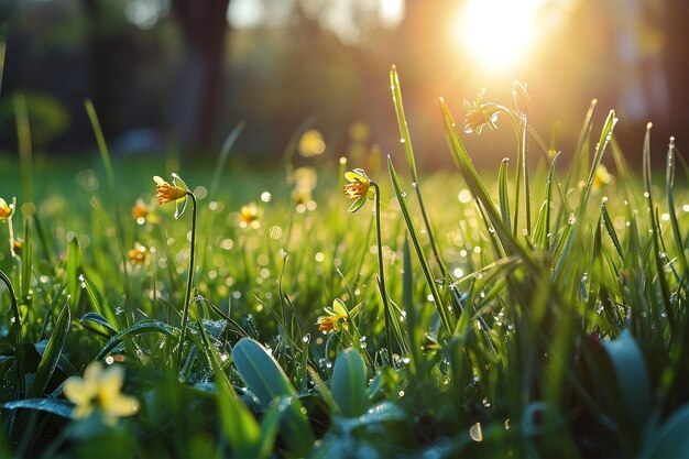 Um belo nascer do sol numa manhã de primavera sobre um prado verde fresco com flores.