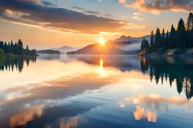 Um belo nascer do sol sobre um lago com montanhas e nuvens ao fundo.