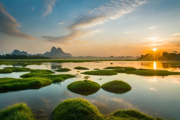 Um belo nascer do sol sobre um lago com uma árvore em primeiro plano