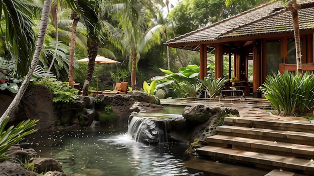 Um belo oásis tropical com uma cachoeira de piscina privada e vegetação exuberante