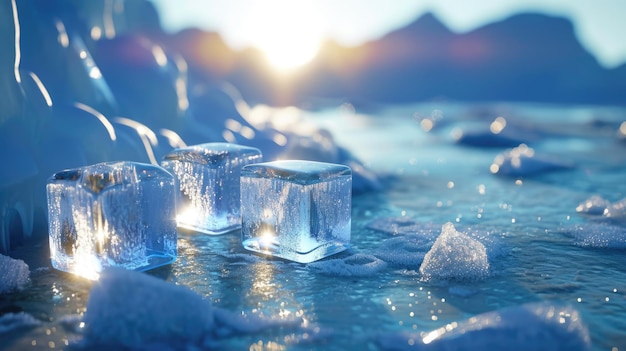 Um belo oceano azul com cubos de gelo flutuando na superfície o sol está a brilhar criando uma atmosfera quente e convidativa