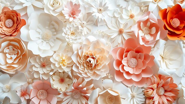 Um belo padrão floral com uma variedade de flores em tons de branco creme e pêssego