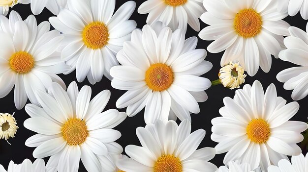 Foto um belo padrão sem costuras de margaridas brancas com centros amarelos em um fundo preto