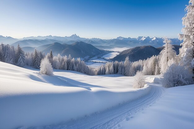 Um belo panorama de inverno com neve em pó fresca.