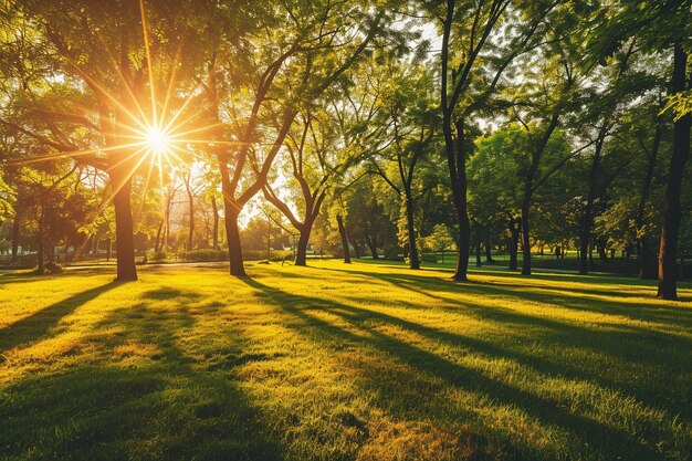 Foto um belo parque ensolarado com feixes de luz na grama verde