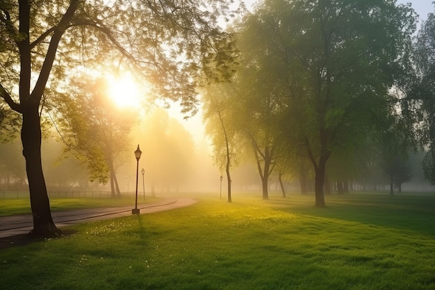 Um belo parque público com gramado verde à luz da manhã criado com tecnologia de IA generativa