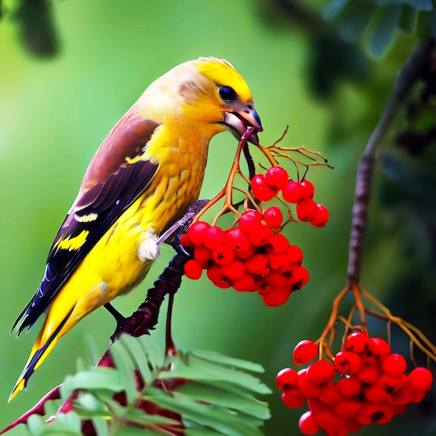 Um belo pássaro amarelo comendo alimento sentado em um galho de uma árvore gerado pela IA