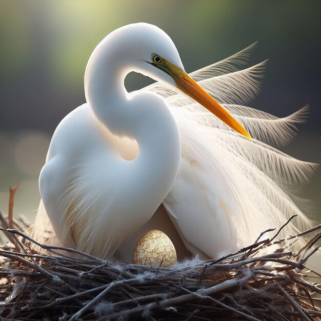 Um belo pássaro egreta intermediário em sua casa com ovo AI gerado